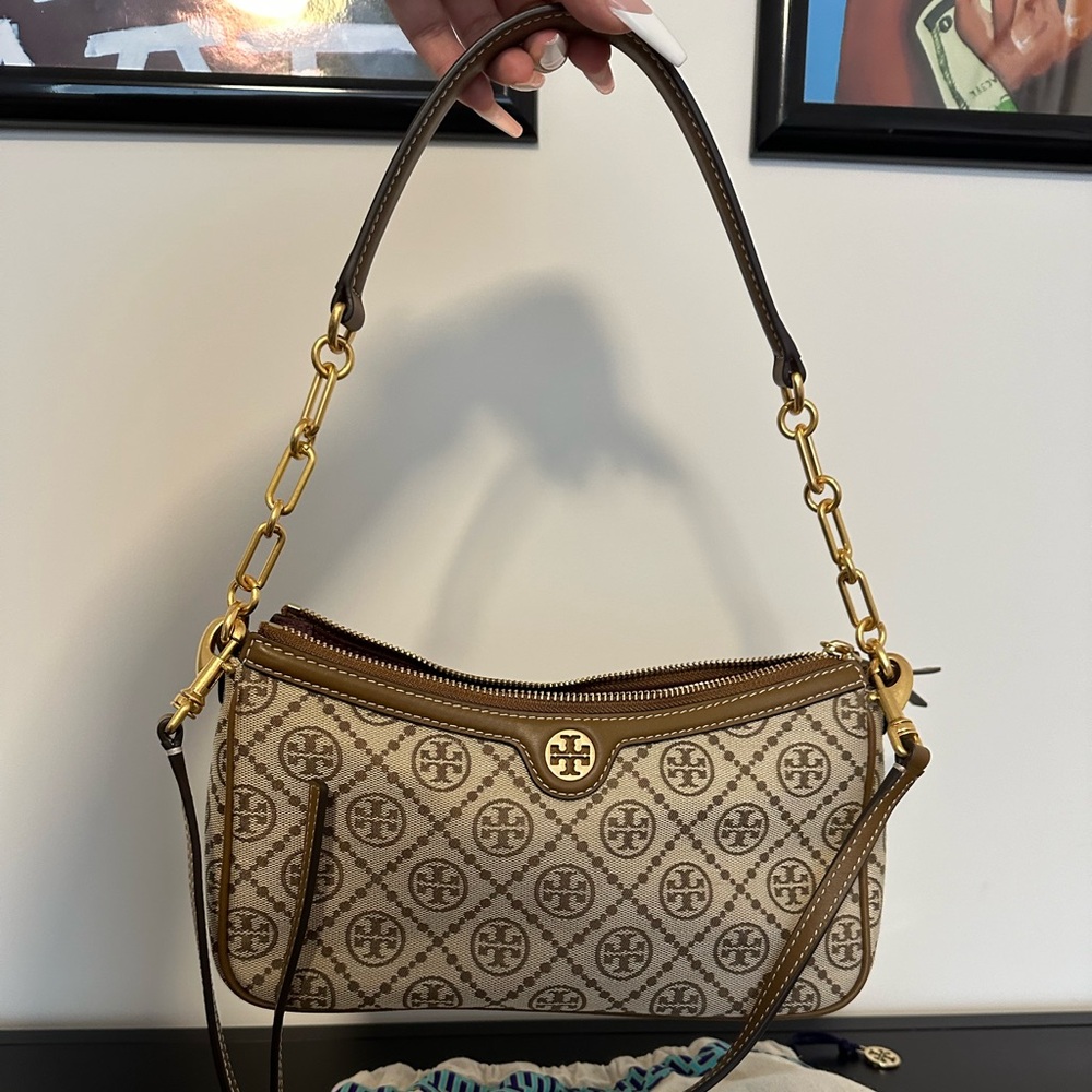 Tory Burch T Monogram Jacquard Zip Shoulder Bag - Hazelnut